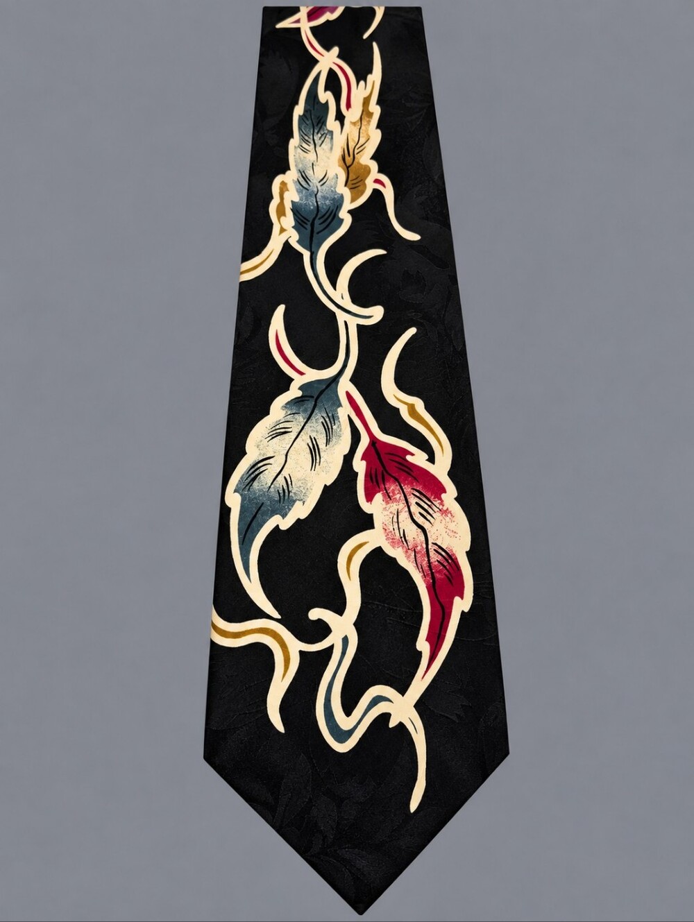 BURMA BIBAS Circa 1926 Navy Blue Silk Tie with Pink, Blue and Gold Feather Motif
